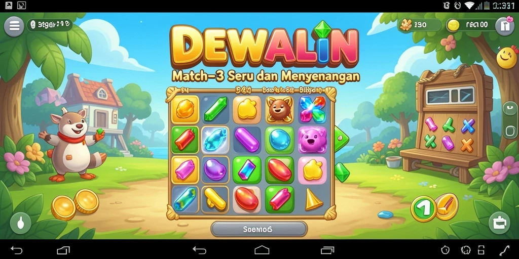 Screenshot gameplay DEWALIN menampilkan tumpukan warna-warni yang harus dicocokkan.