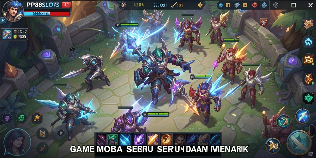 Gameplay seru PP88SLOTS dengan pertarungan karakter MOBA.