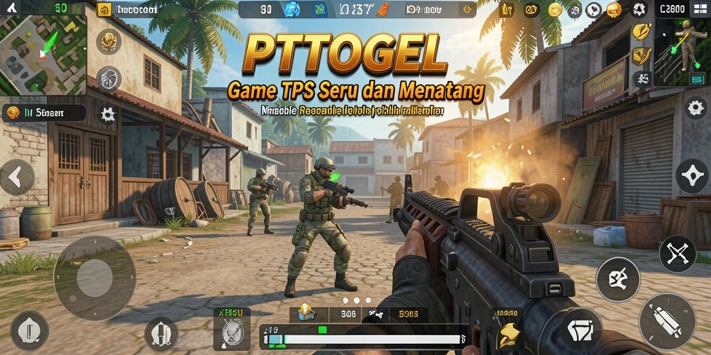 Screenshot utama PTTOGEL menampilkan aksi gameplay TPS yang seru.