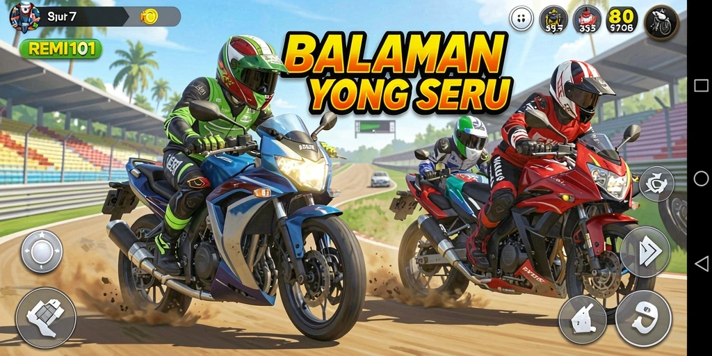 Screenshot REMI101 menampilkan aksi balapan motor yang mendebarkan.