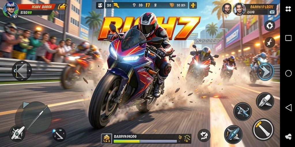 Tampilan gameplay seru RICH7 saat balapan motor.